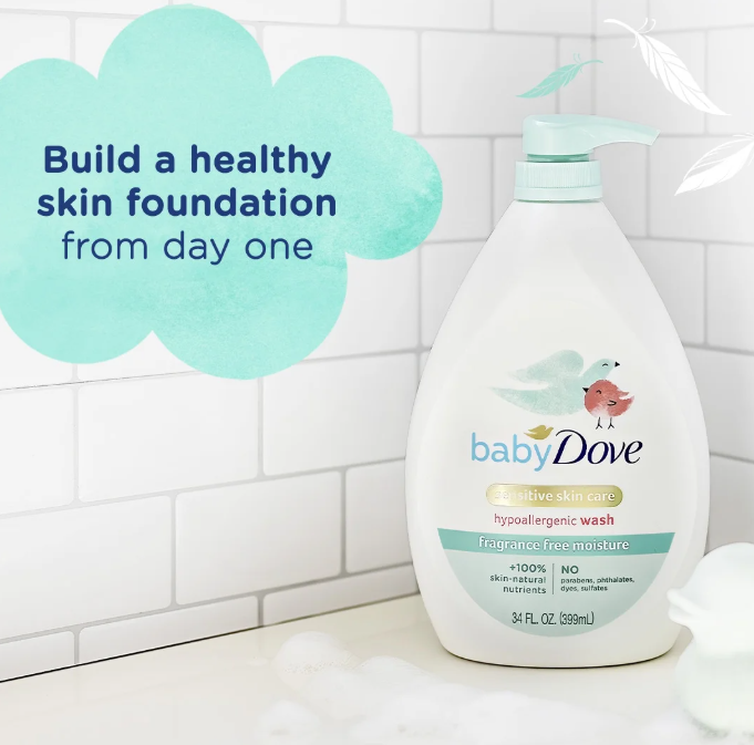 Baby Dove Sensitive Skincare Liquid Body Wash Fragrance Free Moisture, Hypoallergenic, 34 oz