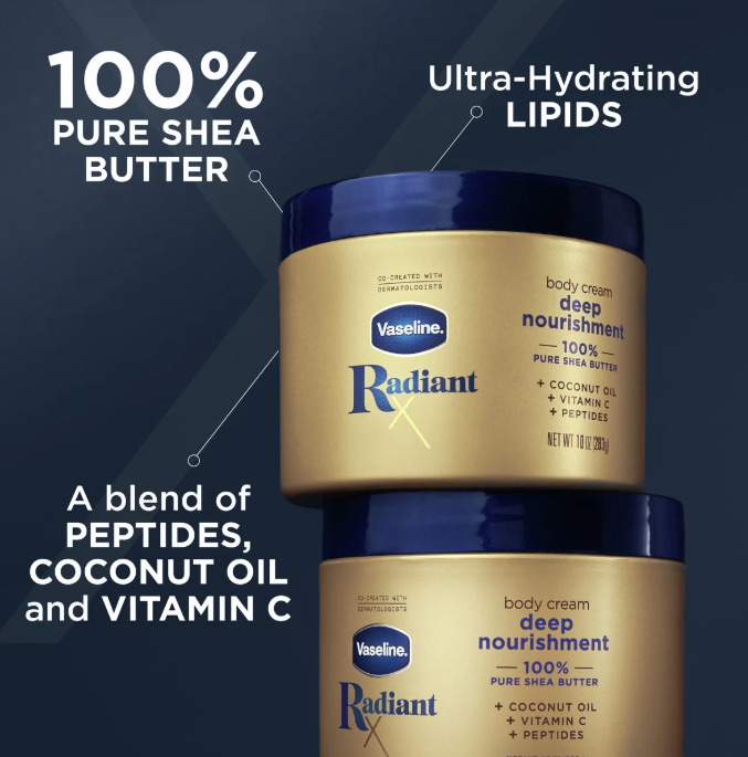 Vaseline Radiant X Deep Nourishment Pure Shea Butter Body Cream for Dry Skin, Coconut, 10 oz