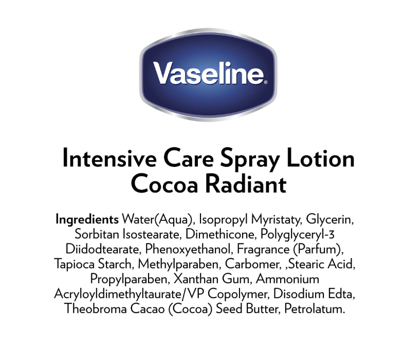 Vaseline Intensive Care Radiant Moisturizer Non Greasy Spray Body Lotion, Cocoa, 6.5 fl oz